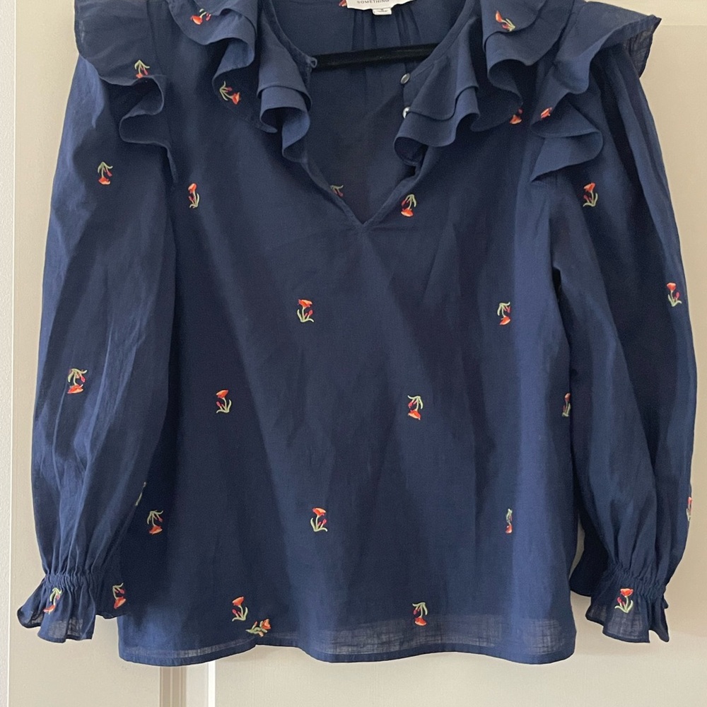 Something Navy Ruffled Blouse with Embroidery